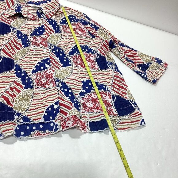 CJ Banks Colorful Patterned Blouse Crinkled Button Front Collar 1X Mid Sleeve - Picture 13 of 14